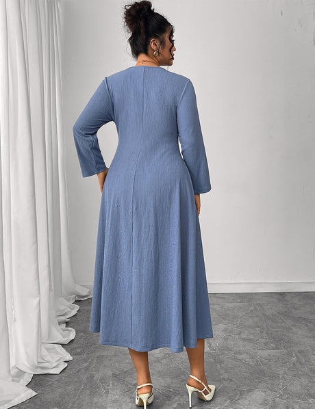 Women Plus Size Blue Pintuck Seam A-Line Dress
