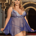 Women Plus Size Blue Sheer Mesh Babydoll Lingerie Set - PRUSES