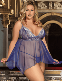 Women Plus Size Blue Sheer Mesh Babydoll Lingerie Set - PRUSES