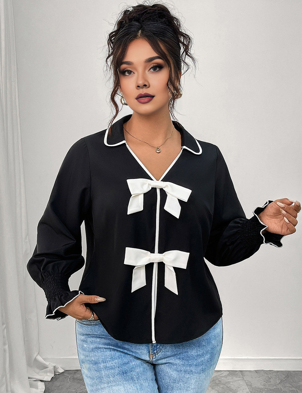 Women Plus Size Bow Decor Ruffle Hem Long Sleeve Shirt