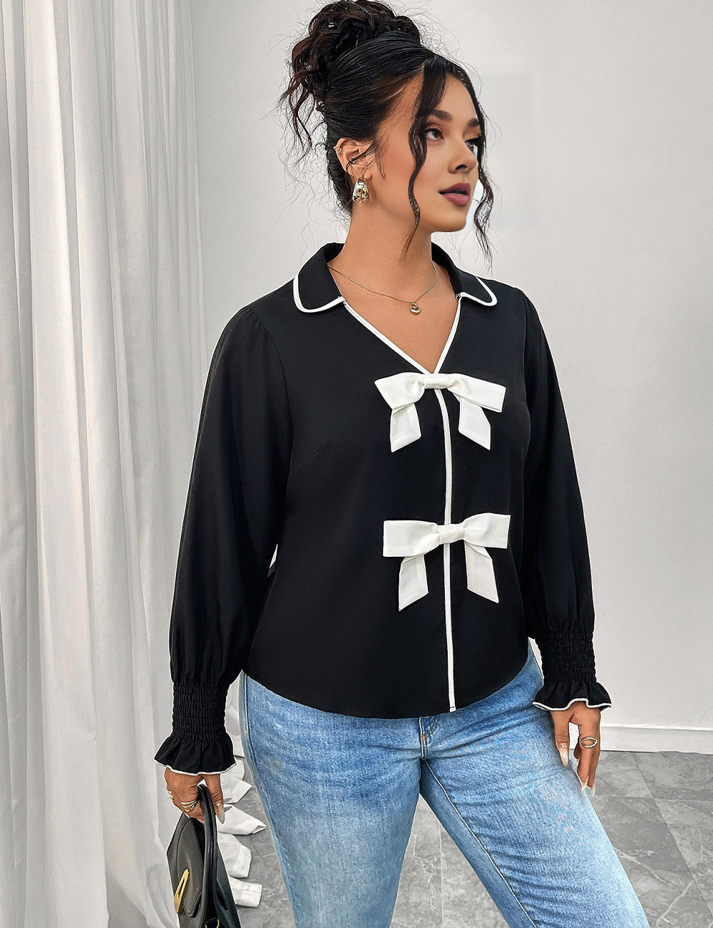 Women Plus Size Bow Decor Ruffle Hem Long Sleeve Shirt