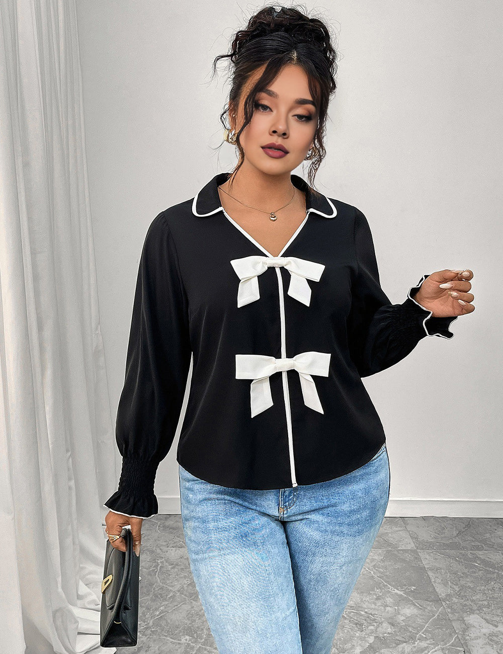 Women Plus Size Bow Decor Ruffle Hem Long Sleeve Shirt