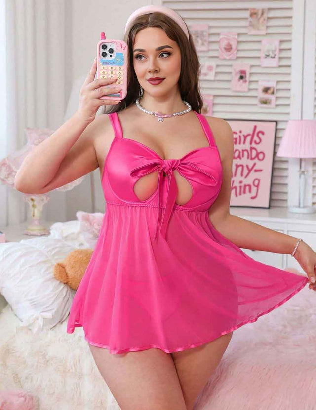 Women Rose Red Plus Size Bow Front Sheer Babydoll