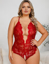 Women Plus Size Bow Lace Crotchless Bodysuit