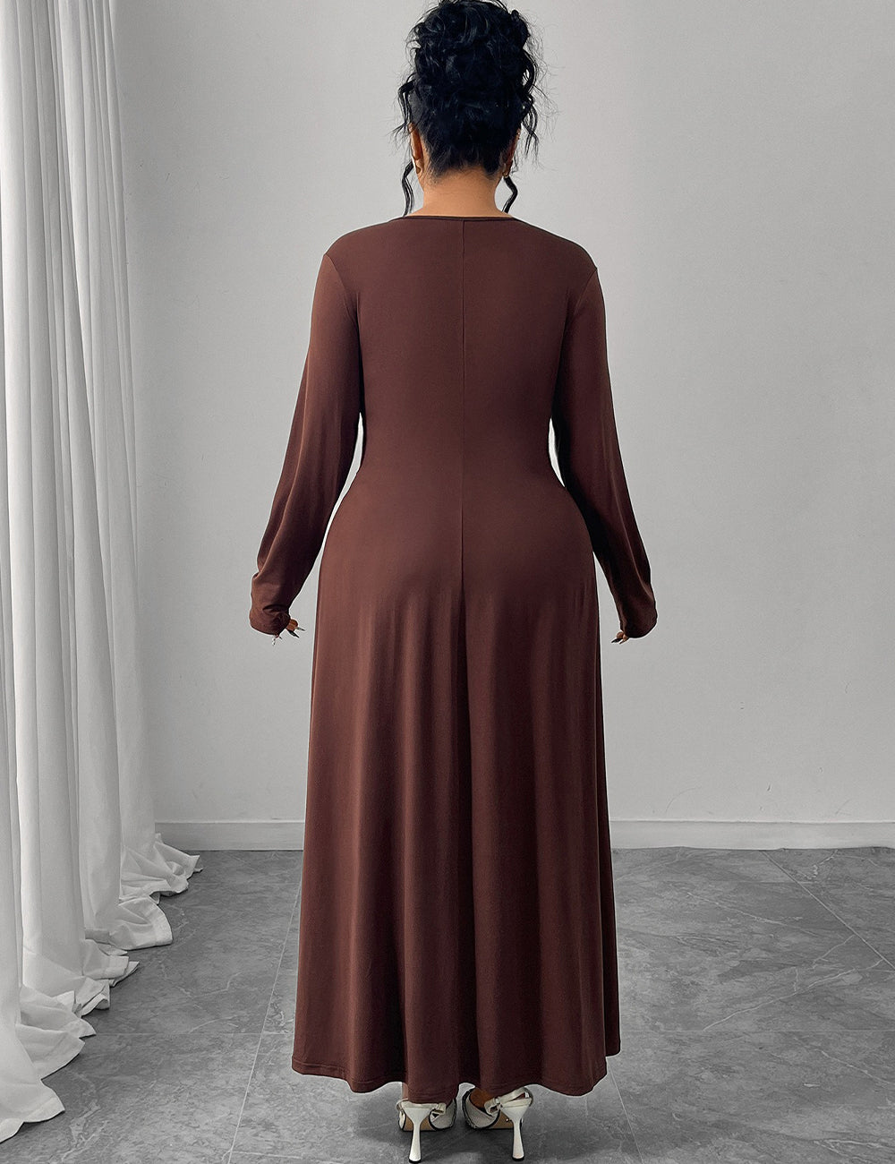 Women Plus Size Brown Twist Ruched Maxi Dress