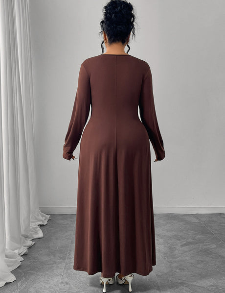 Women Plus Size Brown Twist Ruched Maxi Dress
