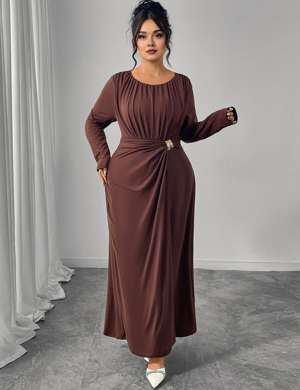 Women Plus Size Brown Twist Ruched Maxi Dress