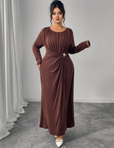 Women Plus Size Brown Twist Ruched Maxi Dress
