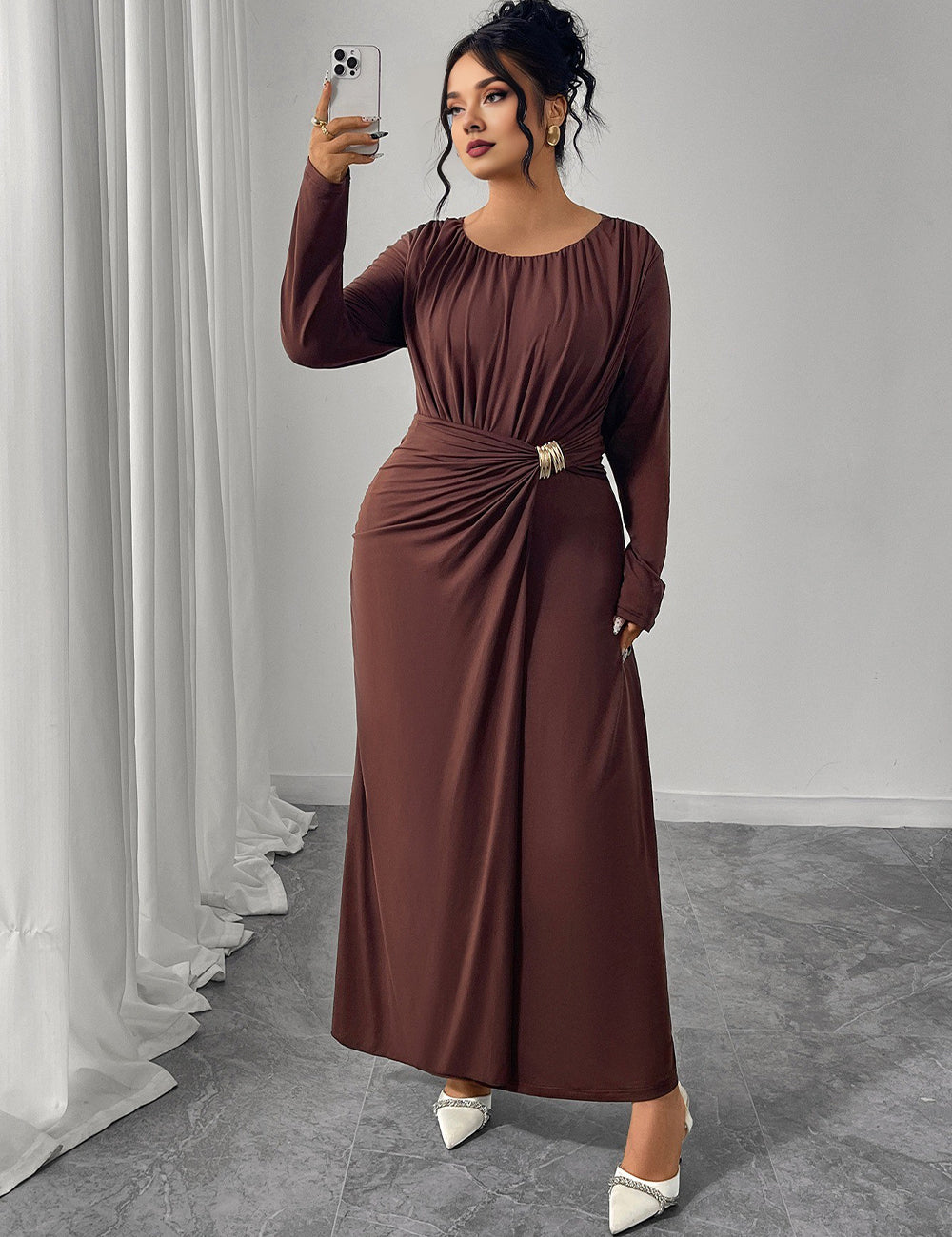 Women Plus Size Brown Twist Ruched Maxi Dress