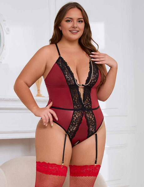 Women Plus Size Burgundy Faux Leather Deep V Neck Teddy