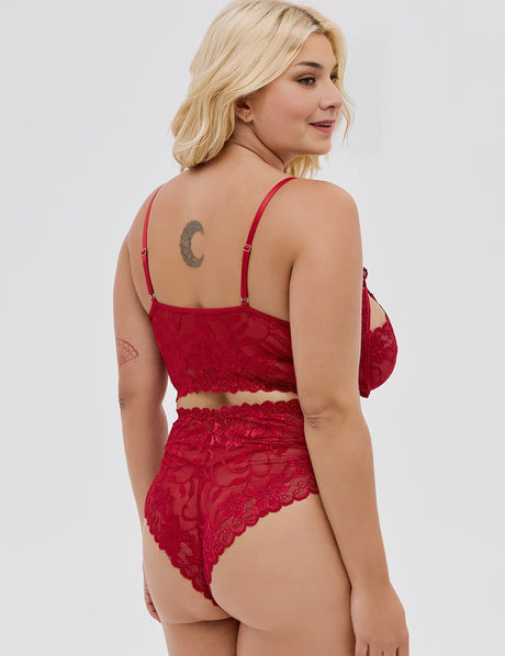 Women Plus Size Burgundy Lace Bra Set