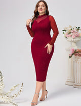 Women Plus Size Burgundy Long Sleeve Bodycon Dress