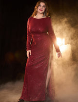 Women Plus Size Burgundy Sequin Long Sleeve Evening Dress