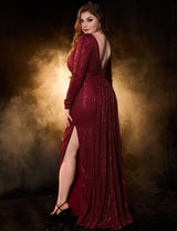 Women Plus Size Burgundy Sequin Long Sleeve Evening Dress