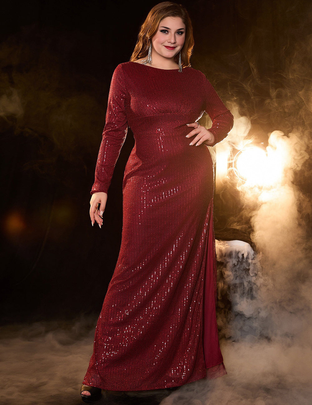 Women Plus Size Burgundy Sequin Long Sleeve Evening Dress