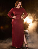 Women Plus Size Burgundy Sequin Long Sleeve Evening Dress