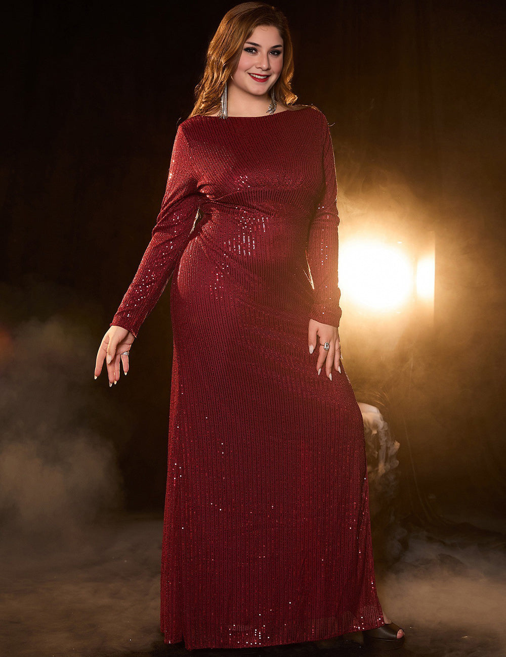 Women Plus Size Burgundy Sequin Long Sleeve Evening Dress