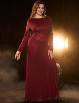 Women Plus Size Burgundy Sequin Long Sleeve Evening Dress