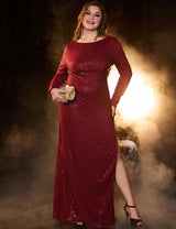 Women Plus Size Burgundy Sequin Long Sleeve Evening Dress