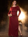 Women Plus Size Burgundy Sequin Long Sleeve Evening Dress