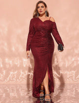 Women Plus Size Burgundy Sequin Mermaid Evening Dress