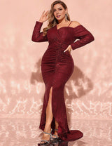 Women Plus Size Burgundy Sequin Mermaid Evening Dress