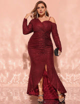 Women Plus Size Burgundy Sequin Mermaid Evening Dress