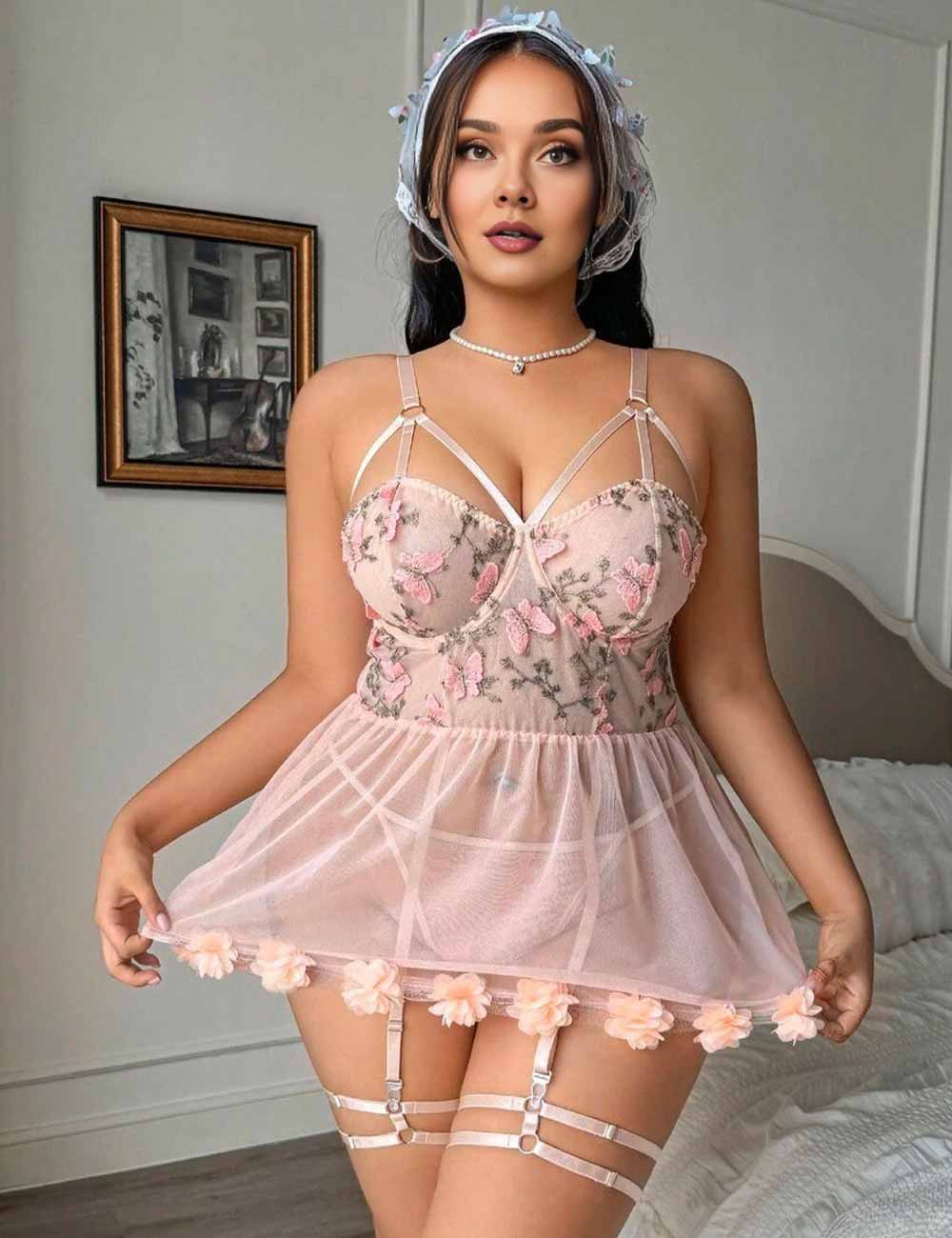 Women Plus Size Butterfly Embroidery Patchwork Mesh Babydoll | PRUSES