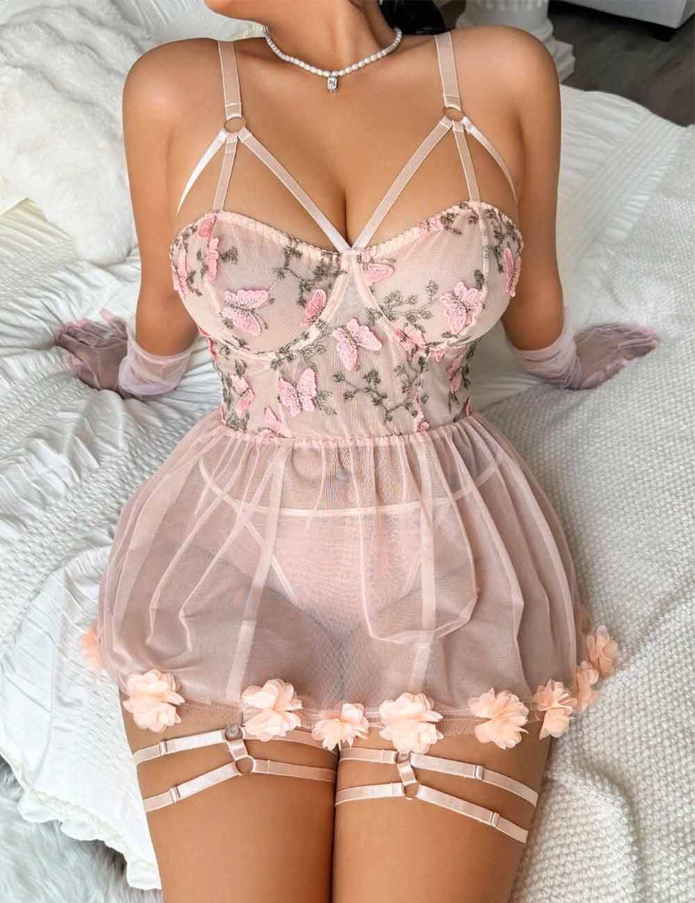 Women Plus Size Butterfly Embroidery Patchwork Mesh Babydoll | PRUSES