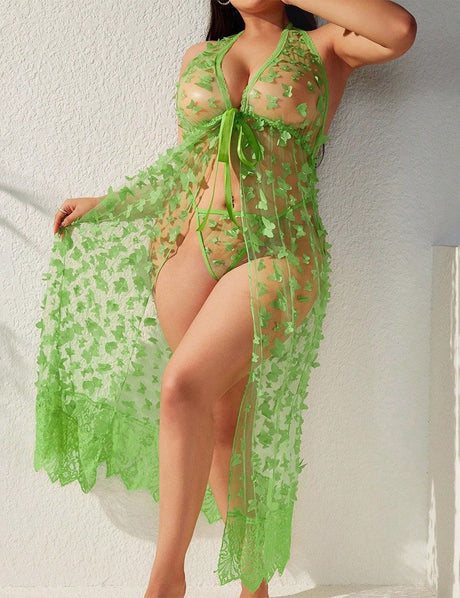 Women Plus Size Butterfly Lace Mesh Long Nightgown
