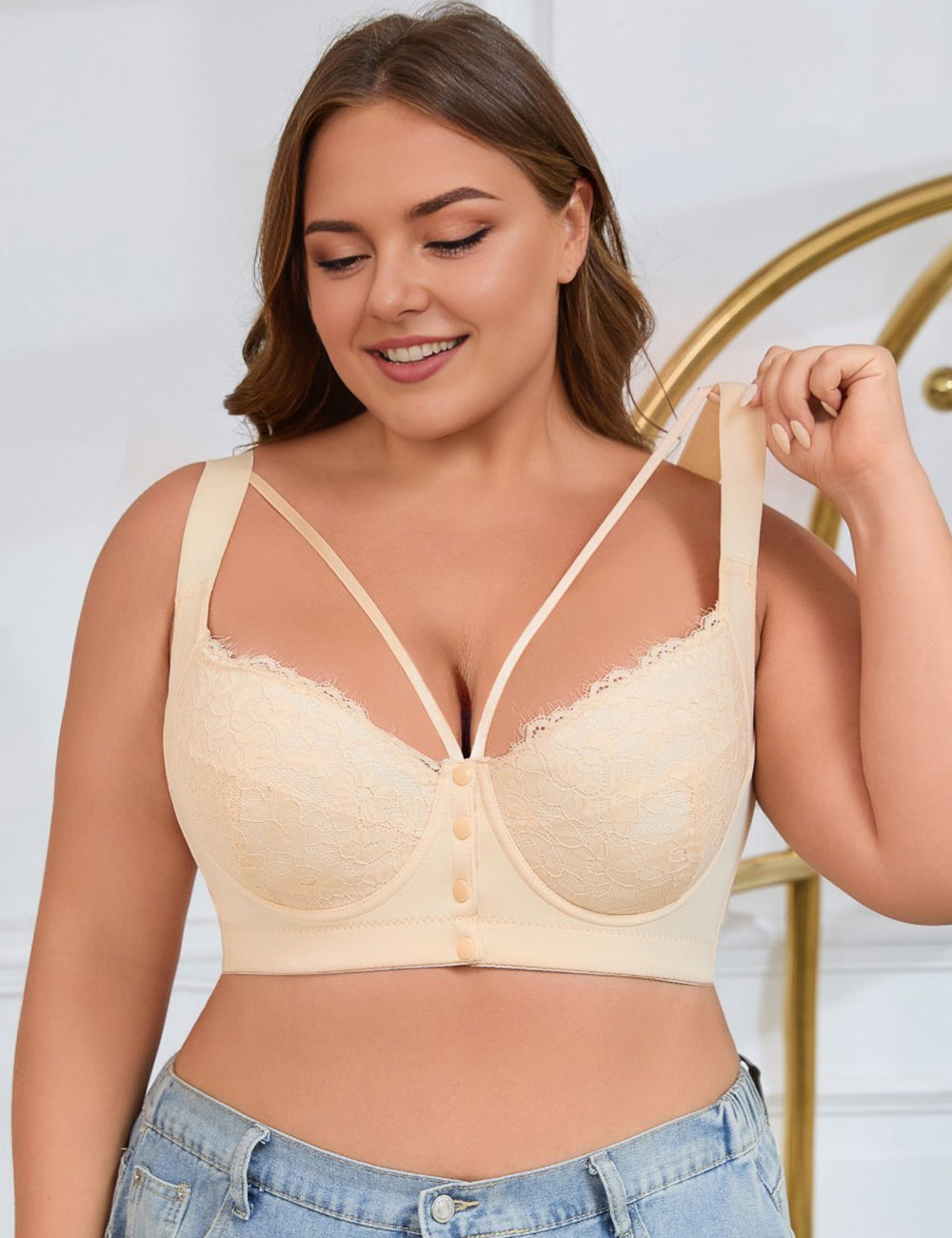 8XL Women Plus Size Button-Front Underwire Lace Push-Up Bra