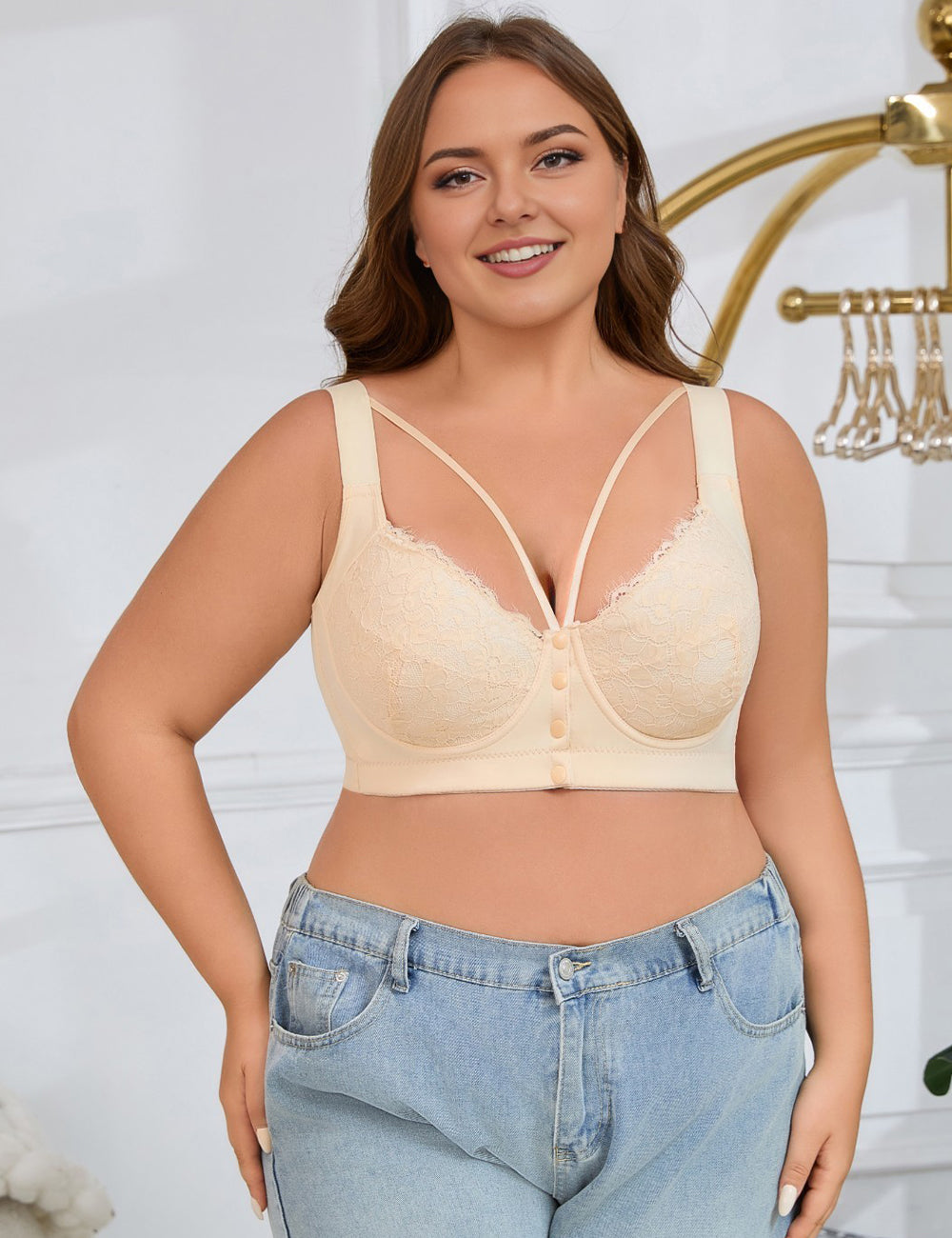 8XL Women Plus Size Button-Front Underwire Lace Push-Up Bra