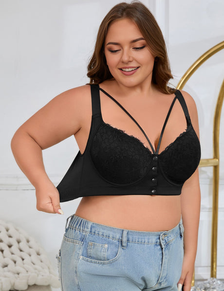 8XL Women Plus Size Button-Front Underwire Lace Push-Up Bra