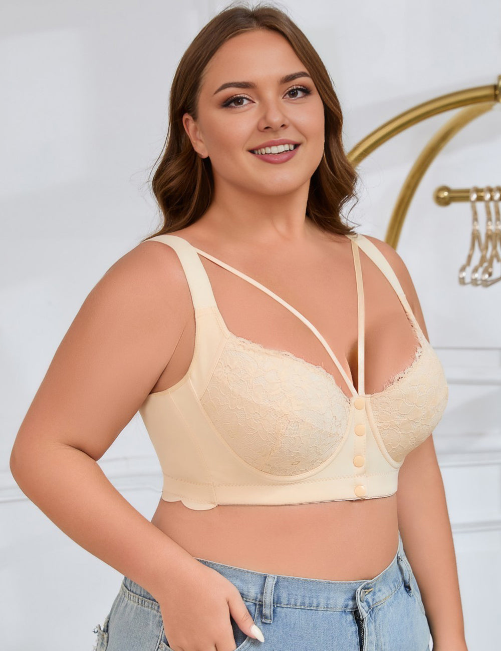 8XL Women Plus Size Button-Front Underwire Lace Push-Up Bra