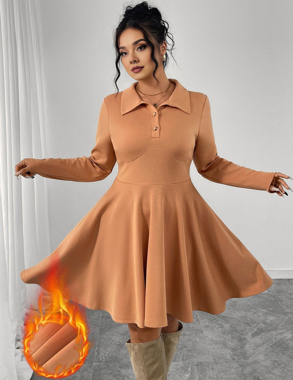 Women Plus Size Caramel Turn-Down Collar A-Line Dress