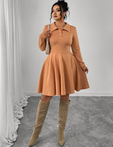 Women Plus Size Caramel Turn-Down Collar A-Line Dress