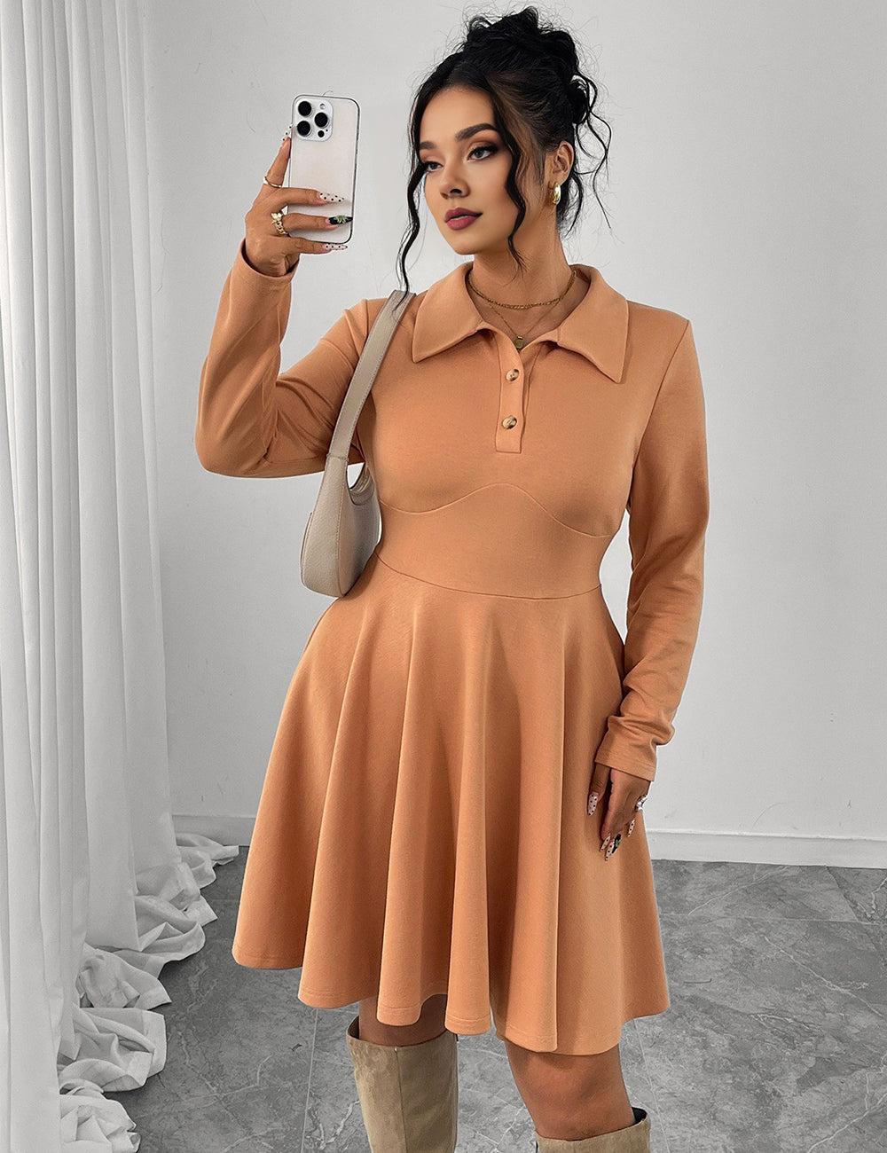 Women Plus Size Caramel Turn-Down Collar A-Line Dress