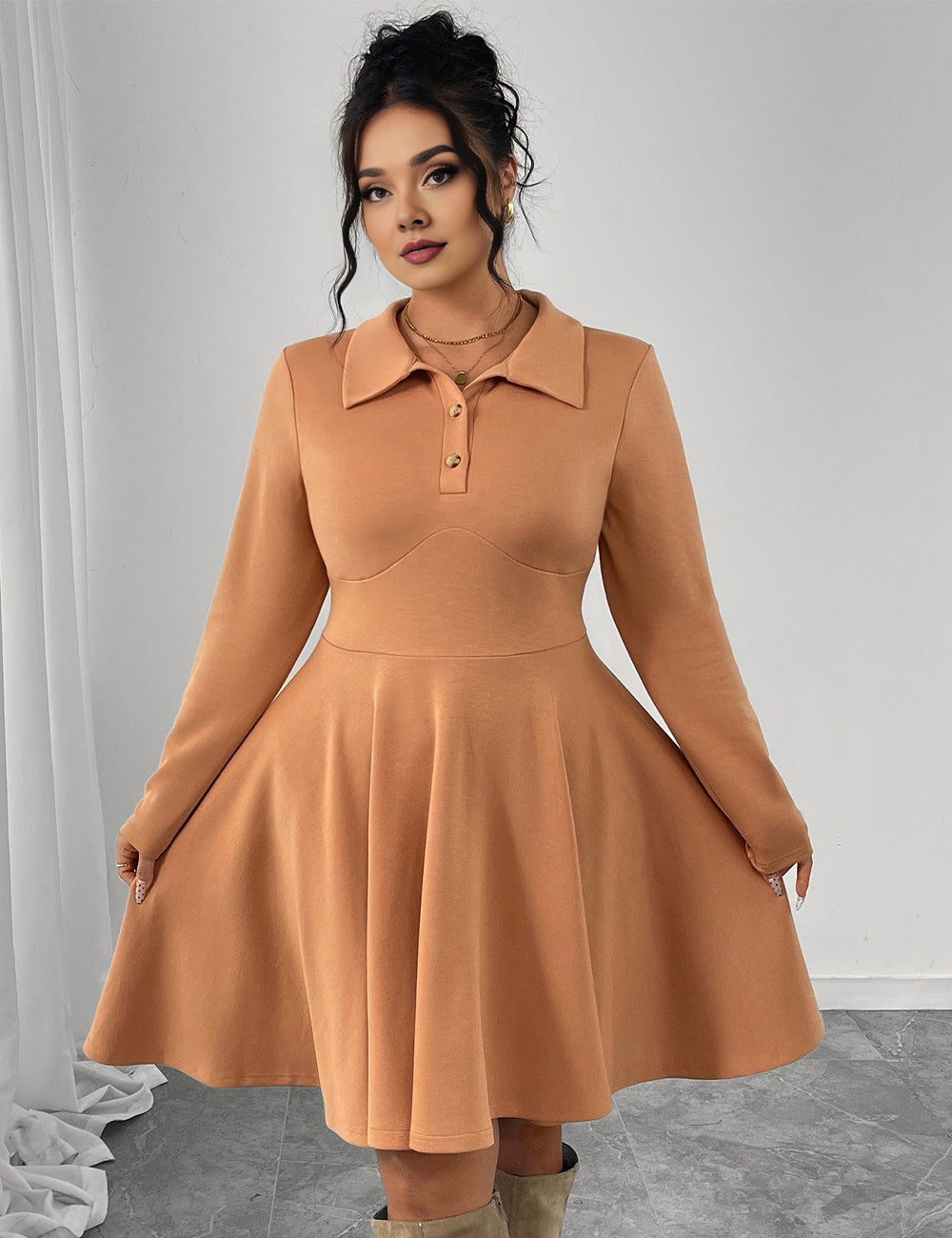 Women Plus Size Caramel Turn-Down Collar A-Line Dress