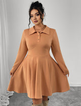 Women Plus Size Caramel Turn-Down Collar A-Line Dress