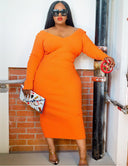 Women Plus Size Casual Fashion V-Neck Solid Color Dress-3
