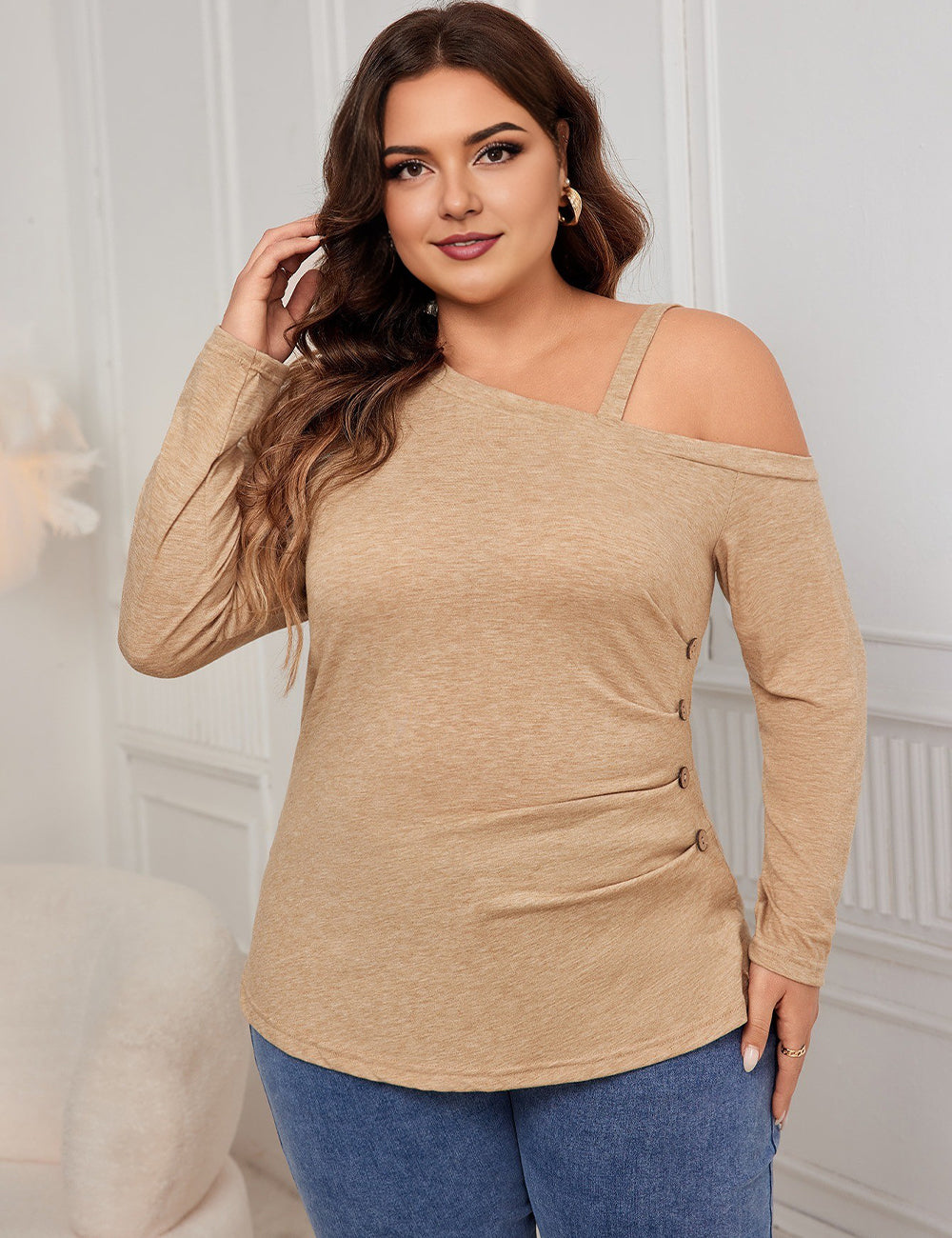 Women Plus Size Casual One Shoulder Long Sleeve Top