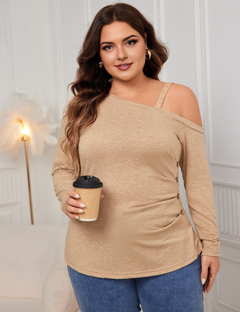 Women Plus Size Casual One Shoulder Long Sleeve Top