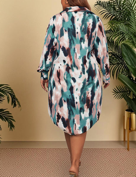 Women Plus Size Casual Tie-Dye Polo Collar Dress
