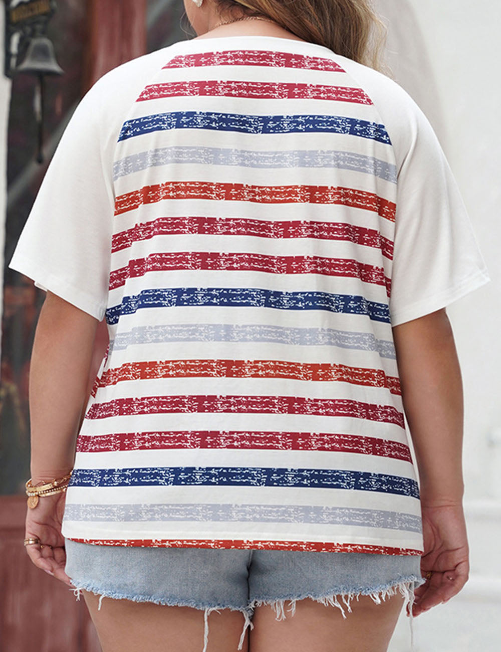 Women Plus Size Casual V-Neck Short Sleeve Striped T-Shirt | PRUSES-1