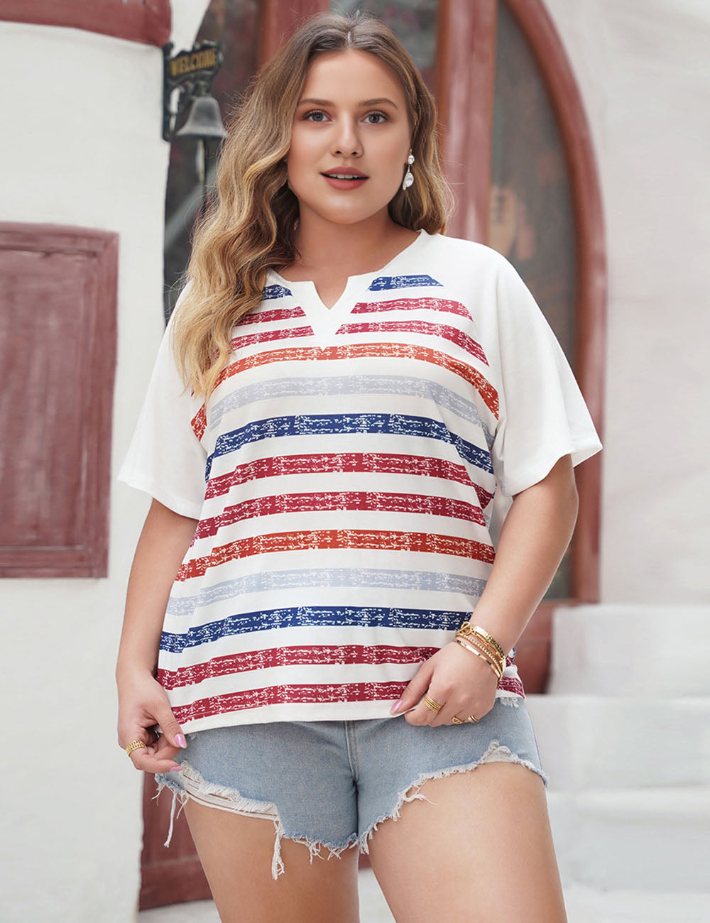 Women Plus Size Casual V-Neck Short Sleeve Striped T-Shirt | PRUSES