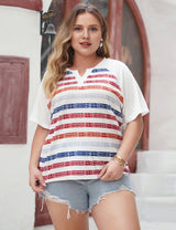 Women Plus Size Casual V-Neck Short Sleeve Striped T-Shirt | PRUSES