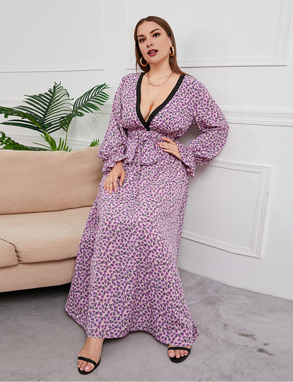 Women Plus Size Chiffon Floral V-Neck Dress-1