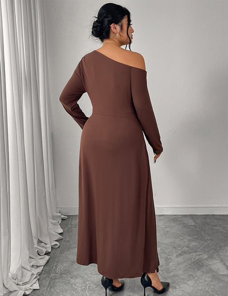 Women Plus Size Chocolate Brown One Shoulder Belted Maxi Dress