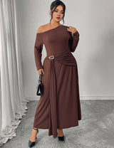 Women Plus Size Chocolate Brown One Shoulder Belted Maxi Dress