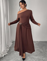 Women Plus Size Chocolate Brown One Shoulder Belted Maxi Dress